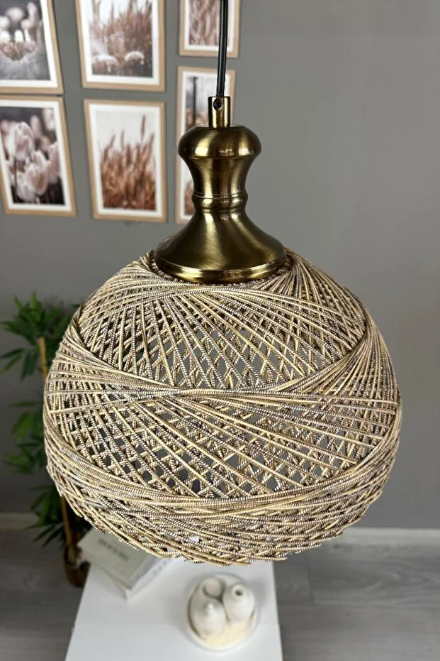 Bohem Recycle İplik Jüt El Yapımı Alaca Ekru İplik Eskitme Tokmak Başlık Tekli Avize